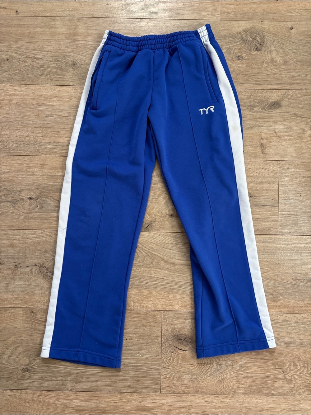 TYR Royal Blue Kids Joggers with White Side Panels zipper pockets